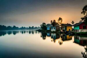 une maison sur le l'eau à lever du soleil. généré par ai photo