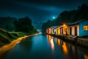 photo fond d'écran le ciel, nuit, rivière, Maisons, le lune, le nuit ciel, le. généré par ai