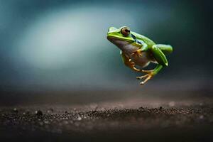 une grenouille sauter dans le air sur une foncé Contexte. généré par ai photo