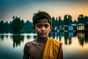 une Jeune garçon permanent dans de face de une lac. généré par ai photo