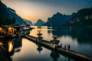 gens marcher le long de le l'eau à le coucher du soleil dans Chine. généré par ai photo