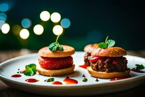 deux mini des hamburgers sur une assiette avec sauce. généré par ai photo