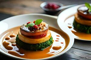 deux assiettes avec nourriture sur eux, un avec une dessert et le autre avec une légume. généré par ai photo