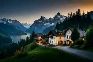 une maison dans le montagnes à le coucher du soleil. généré par ai photo