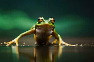 une grenouille est permanent sur le l'eau surface. généré par ai photo