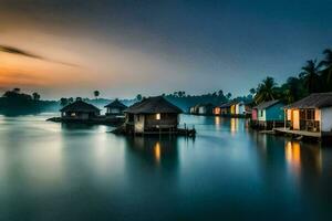 une magnifique le coucher du soleil plus de une rivière avec Maisons sur le rive. généré par ai photo