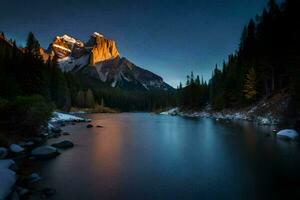 le Soleil ensembles plus de le montagnes et une rivière. généré par ai photo