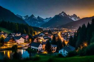 photo fond d'écran le ciel, montagnes, des arbres, lac, montagnes, village, nuit, montagnes,. généré par ai