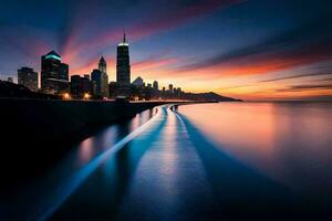 le Chicago horizon à le coucher du soleil. généré par ai photo