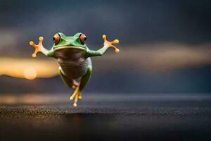 une grenouille sauter dans le air avec ses jambes diffuser. généré par ai photo