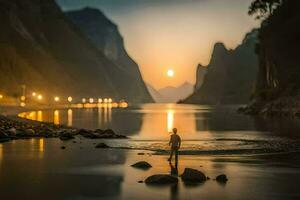 une homme permanent dans le l'eau à le coucher du soleil. généré par ai photo