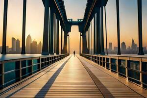 une homme des promenades à travers une pont à le coucher du soleil. généré par ai photo