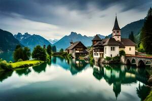 une magnifique Lac et une église dans le montagnes. généré par ai photo