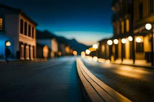 une rue à nuit avec lumières sur le rue. généré par ai photo