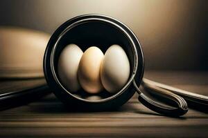 Trois des œufs dans une noir récipient sur une tableau. généré par ai photo