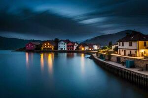 une ville sur le l'eau à nuit avec une orageux ciel. généré par ai photo