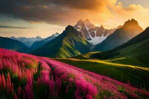 le Soleil brille sur le montagnes et fleurs dans le premier plan. généré par ai photo