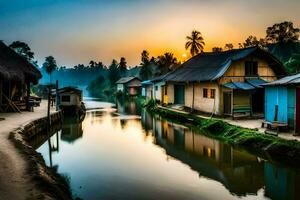 une canal dans le milieu de une village à le coucher du soleil. généré par ai photo