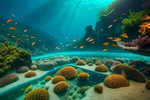 sous-marin scène avec corail récifs et poisson. généré par ai photo