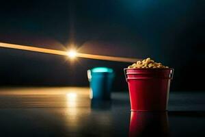 deux seaux de pop corn sur une table avec une lumière brillant dans le Contexte. généré par ai photo