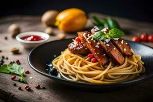 spaghetti avec Viande et sauce sur une noir plaque. généré par ai photo