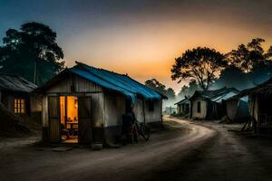une village à le coucher du soleil avec huttes et une vélo. généré par ai photo