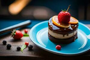 une Chocolat gâteau avec des fraises et Orange tranches. généré par ai photo