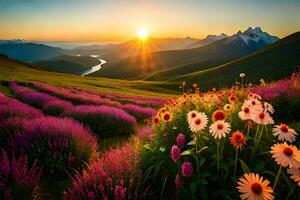 fleurs dans le montagnes à le coucher du soleil. généré par ai photo
