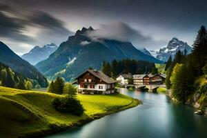 une rivière court par une vallée avec Maisons et montagnes. généré par ai photo