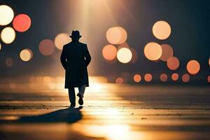 une homme dans une chapeau et manteau en marchant vers le bas une rue à nuit. généré par ai photo