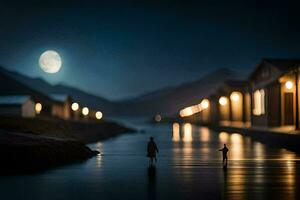 une homme et une enfant marcher le long de une rivière à nuit. généré par ai photo