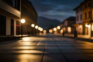 une rue à nuit avec lumières sur le rue. généré par ai photo