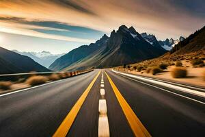 une route dans le montagnes avec montagnes dans le Contexte. généré par ai photo