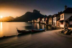 bateaux sont amarré à le rive de une Lac à le coucher du soleil. généré par ai photo