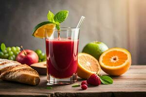 une verre de jus avec fruit et pain. généré par ai photo