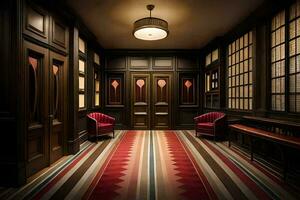 une couloir avec rouge et blanc rayé tapis. généré par ai photo