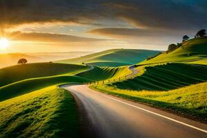 le route à le le coucher du soleil. généré par ai photo