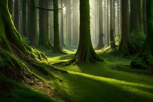 une vert forêt avec des arbres et lumière du soleil. généré par ai photo