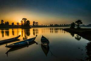 le coucher du soleil sur le rivière. généré par ai photo