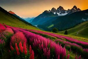 une magnifique champ de rose fleurs dans le montagnes. généré par ai photo