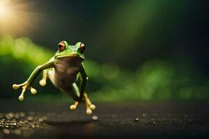 une grenouille sauter dans le air avec le Soleil brillant. généré par ai photo