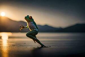 une grenouille sauter dans le l'eau à le coucher du soleil. généré par ai photo