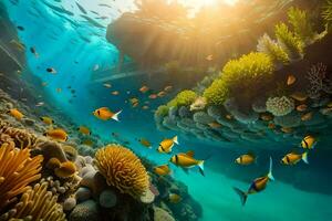 sous-marin scène avec corail récifs et poisson. généré par ai photo