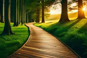 une en bois chemin dans le milieu de une vert champ. généré par ai photo