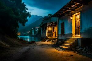 une maison par le rivière à nuit. généré par ai photo