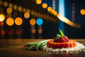 une fraise et riz plat sur une en bois tableau. généré par ai photo