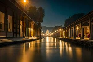 une canal à nuit avec lumières sur le bâtiments. généré par ai photo