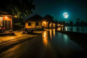 photo fond d'écran le lune, eau, le nuit, le rivière, le cabane, le lune,. généré par ai