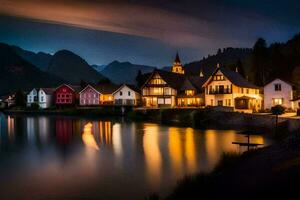 photo fond d'écran le ciel, montagnes, lac, Maisons, le nuit, le village, le lac. généré par ai