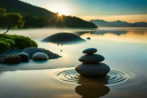 une empiler de des pierres dans le l'eau à le coucher du soleil. généré par ai photo